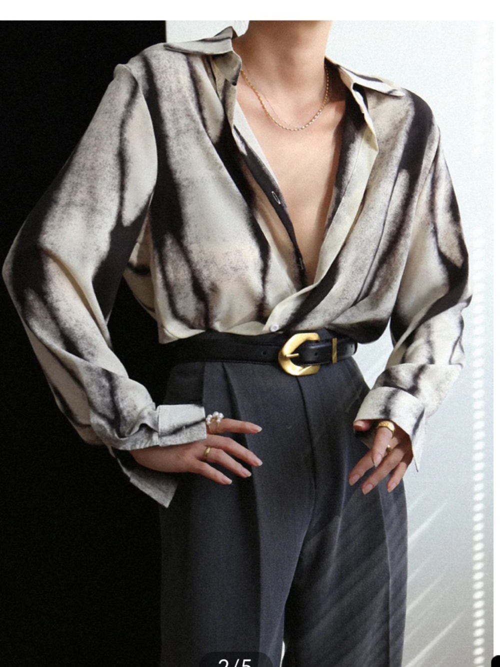 Commense Abstract Black and Cream Satin Button-Up Blouse